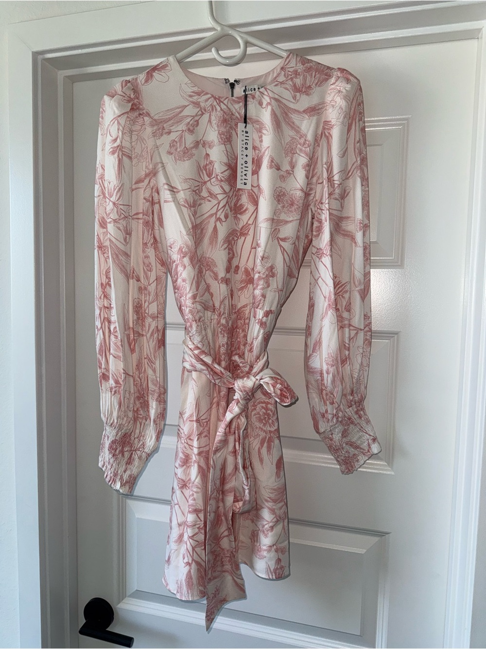 NWT Alice + Olivia Molli Floral Long Sleeve Tie Waist Dress Vignette Pink 6 $495